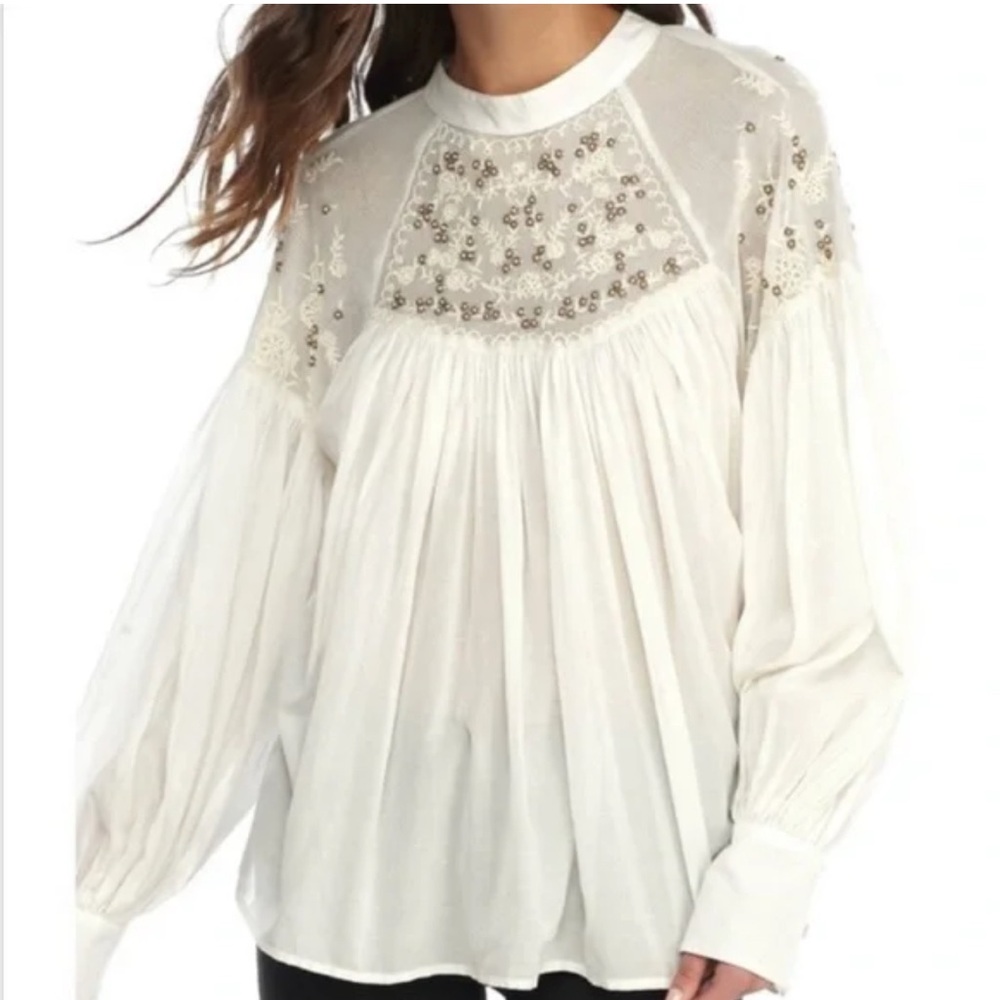 FREE PEOPLE XS Ivory Have it My Way Embroidered Boho Oversized Peasant Blouse